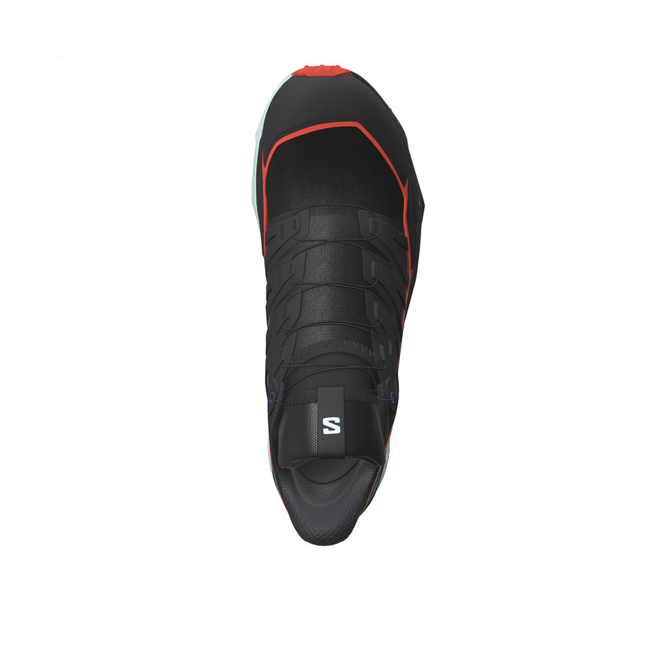 Upper of the right shoe from a pair of Salomon Men's Thundercross Running Shoes in the Black/Cherry Tomato/Electric Green colourway (8407274684578)