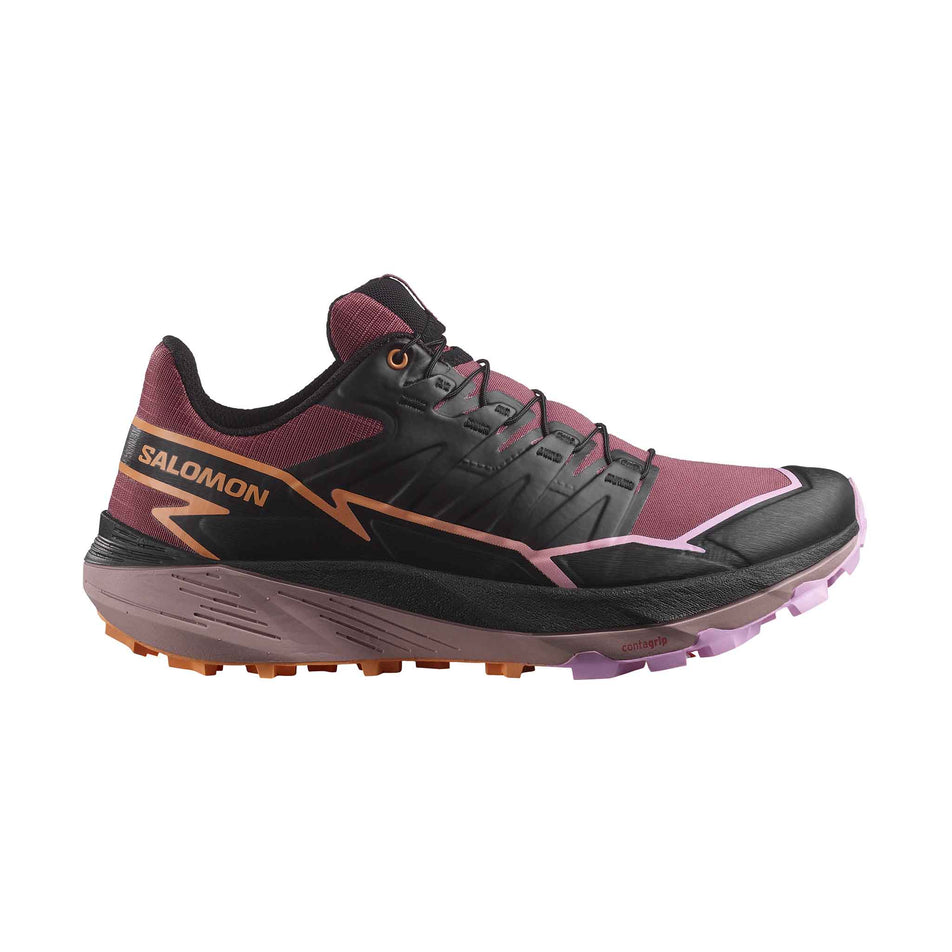 Lateral side of the right shoe from a pair of Salomon Women's Thundercross Running Shoes in the Nocturne/Black/Papaya colourway (8407329800354)