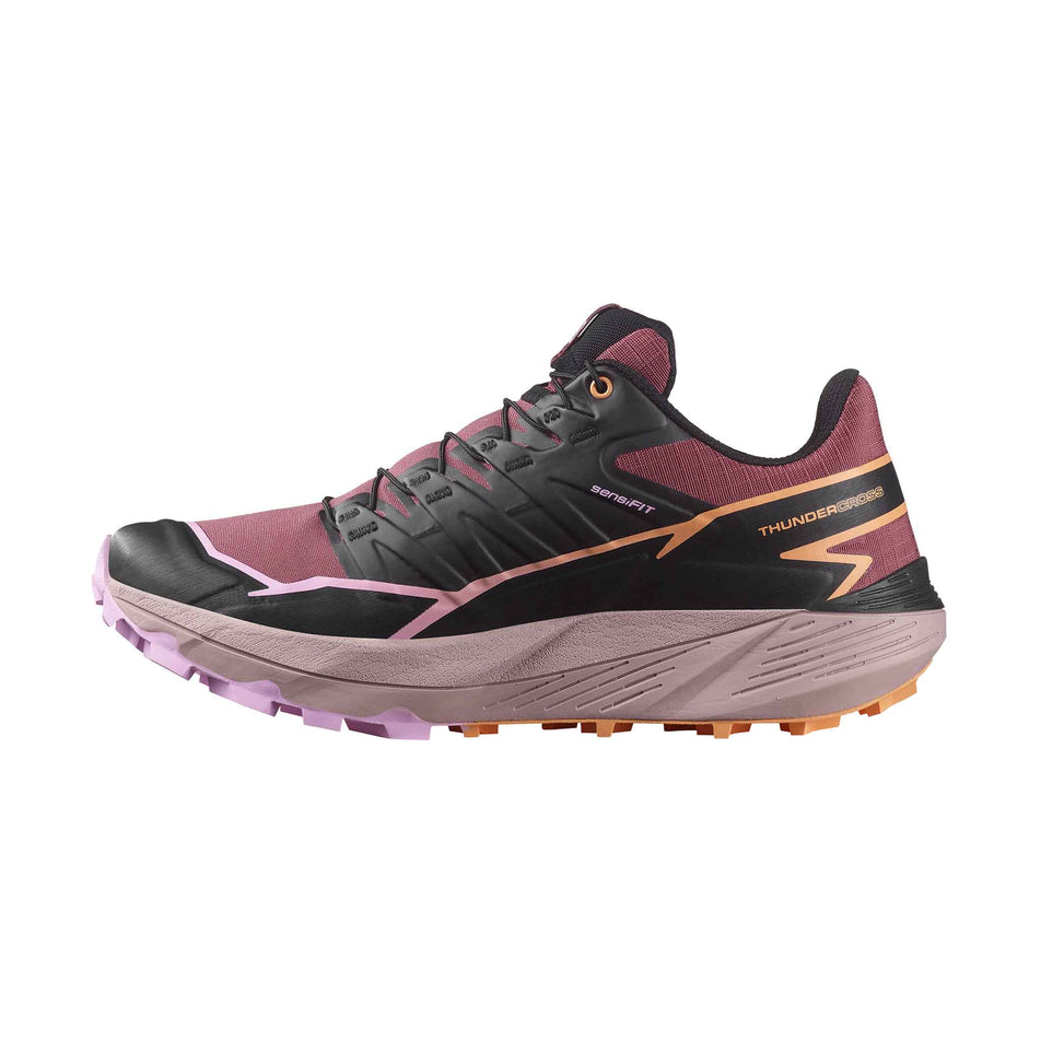 Medial side of the right shoe from a pair of Salomon Women's Thundercross Running Shoes in the Nocturne/Black/Papaya colourway (8407329800354)