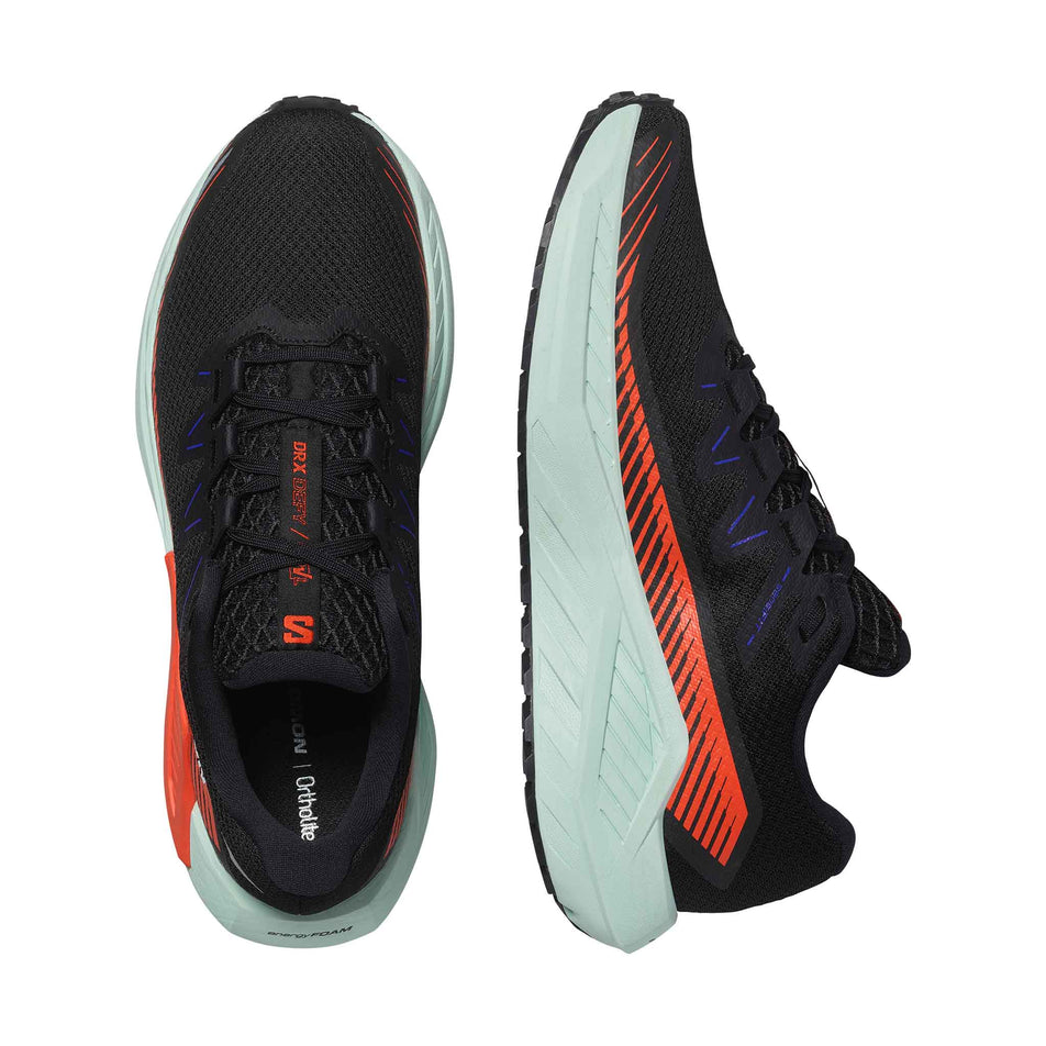 A pair of Salomon Men's DRX Defy Grvl in the Gravel Running Shoes in the Black/Cherry Tomato/Bay colourway. (8467562234018)