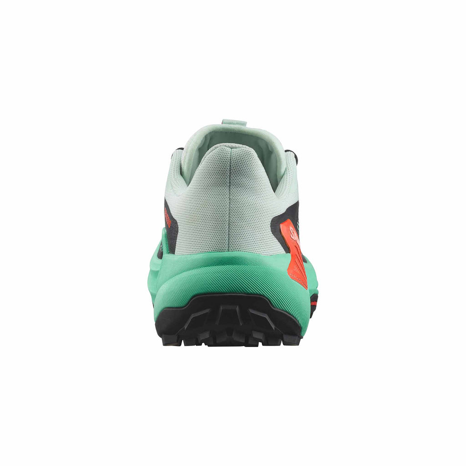 Back of the right shoe from a pair of Salomon Women's Genesis Running Shoes in the Bay/Electric Green/Cherry Tomato colourway (8407309254818)