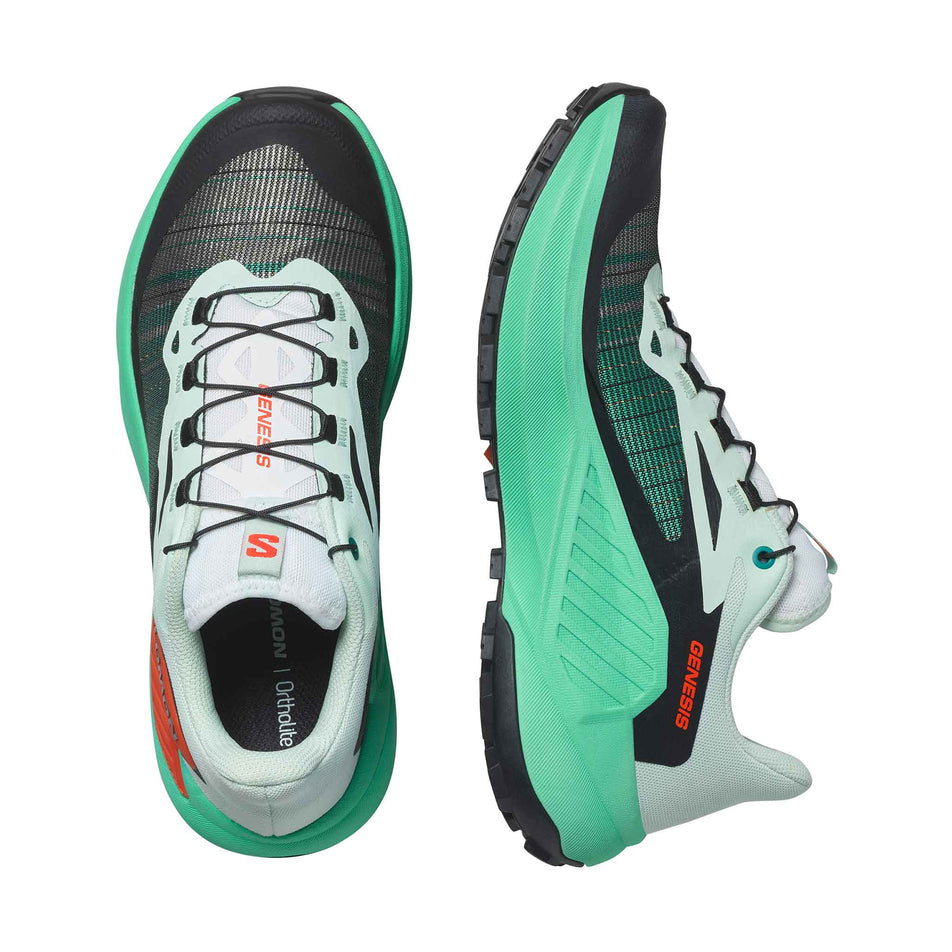 A pair of Salomon Women's Genesis Running Shoes in the Bay/Electric Green/Cherry Tomato colourway (8407309254818)