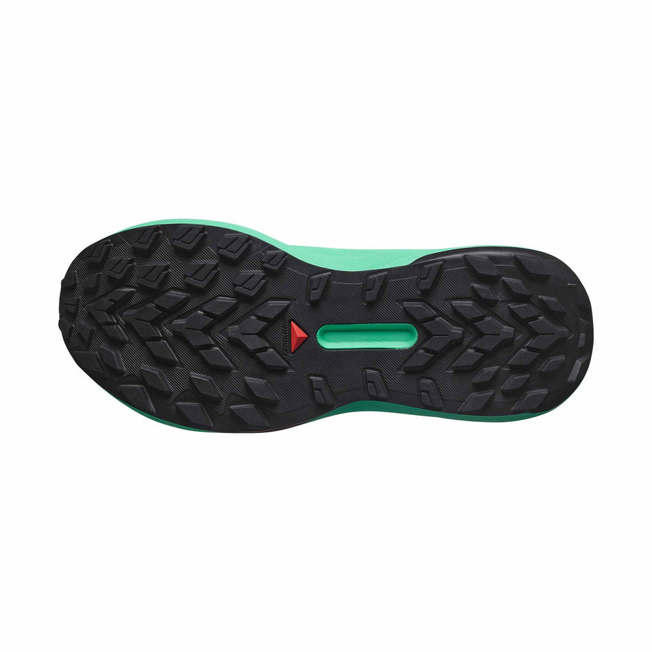 Outsole of the right shoe from a pair of Salomon Women's Genesis Running Shoes in the Bay/Electric Green/Cherry Tomato colourway (8407309254818)