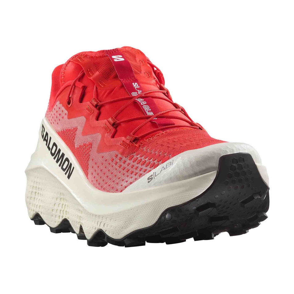 Lateral side of the right shoe from a pair of Salomon Unisex S/LAB Ultra Glide Running Shoes in the Fiery Red colourway. (8576021921954)