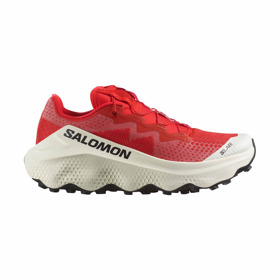 Lateral side of the right shoe from a pair of Salomon Unisex S/LAB Ultra Glide Running Shoes in the Fiery Red colourway. (8576021921954)