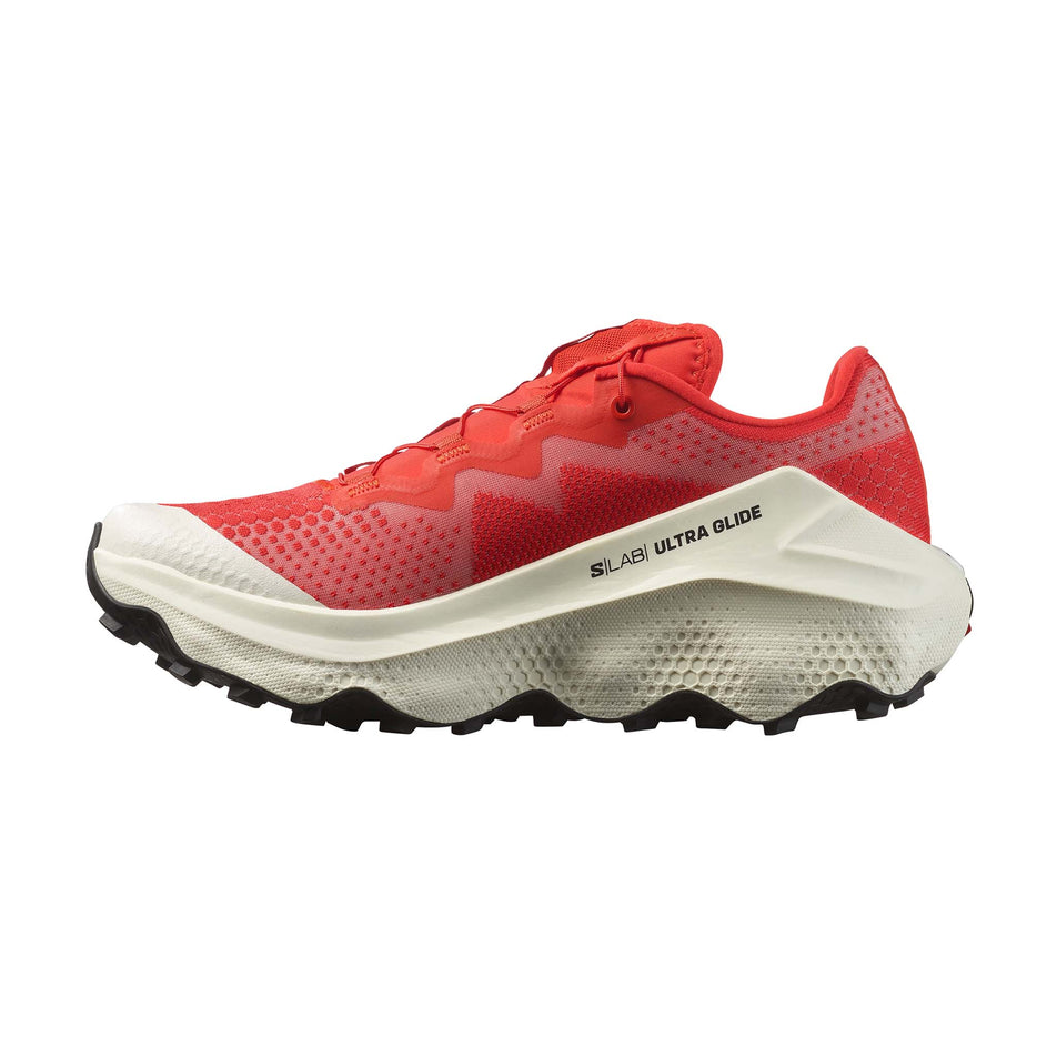 Medial side of the right shoe from a pair of Salomon Unisex S/LAB Ultra Glide Running Shoes in the Fiery Red colourway. (8576021921954)