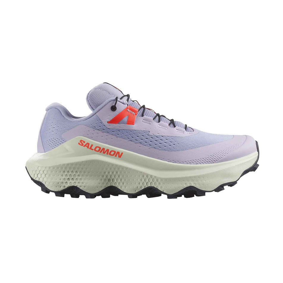 Lateral side of the right shoe from a pair of Salomon Women's Ultra Glide 3 Running Shoes in the Cosmic Sky/Icicle/Neon Flame colourway. (8576019497122)