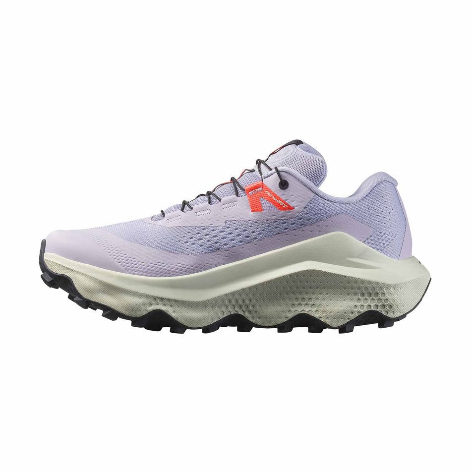 Medial side of the right shoe from a pair of Salomon Women's Ultra Glide 3 Running Shoes in the Cosmic Sky/Icicle/Neon Flame colourway. (8576019497122)