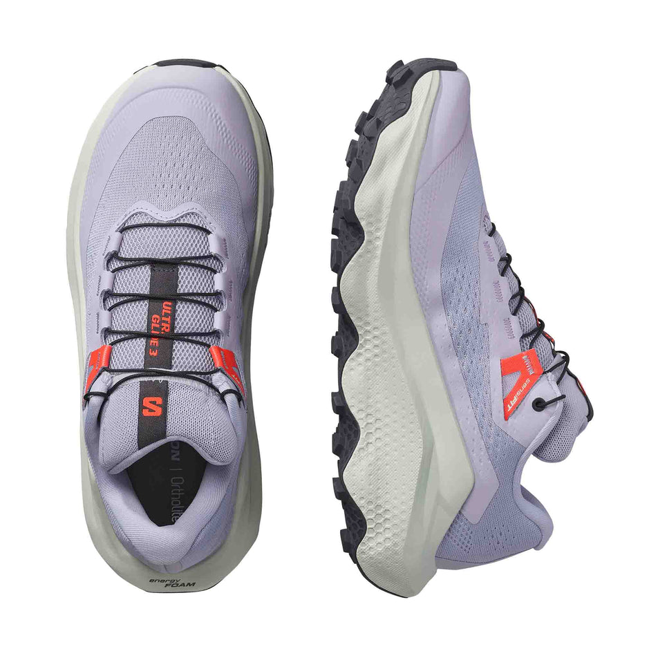 A pair of Salomon Women's Ultra Glide 3 Running Shoes in the Cosmic Sky/Icicle/Neon Flame colourway. (8576019497122)
