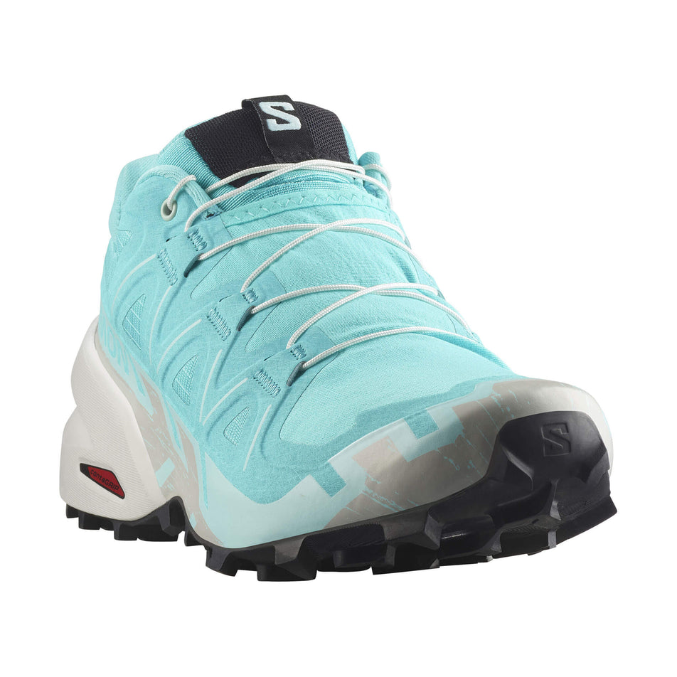 Lateral side of the right shoe from a pair of Salomon Women's Speedcross 6 Running Shoes in the Blue Curacao/Lunar Rock/Iced Aqua colourway. (8576015925410)