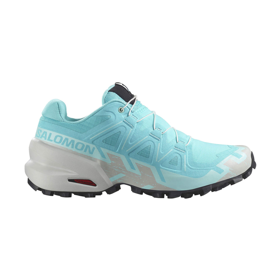 Lateral side of the right shoe from a pair of Salomon Women's Speedcross 6 Running Shoes in the Blue Curacao/Lunar Rock/Iced Aqua colourway. (8576015925410)