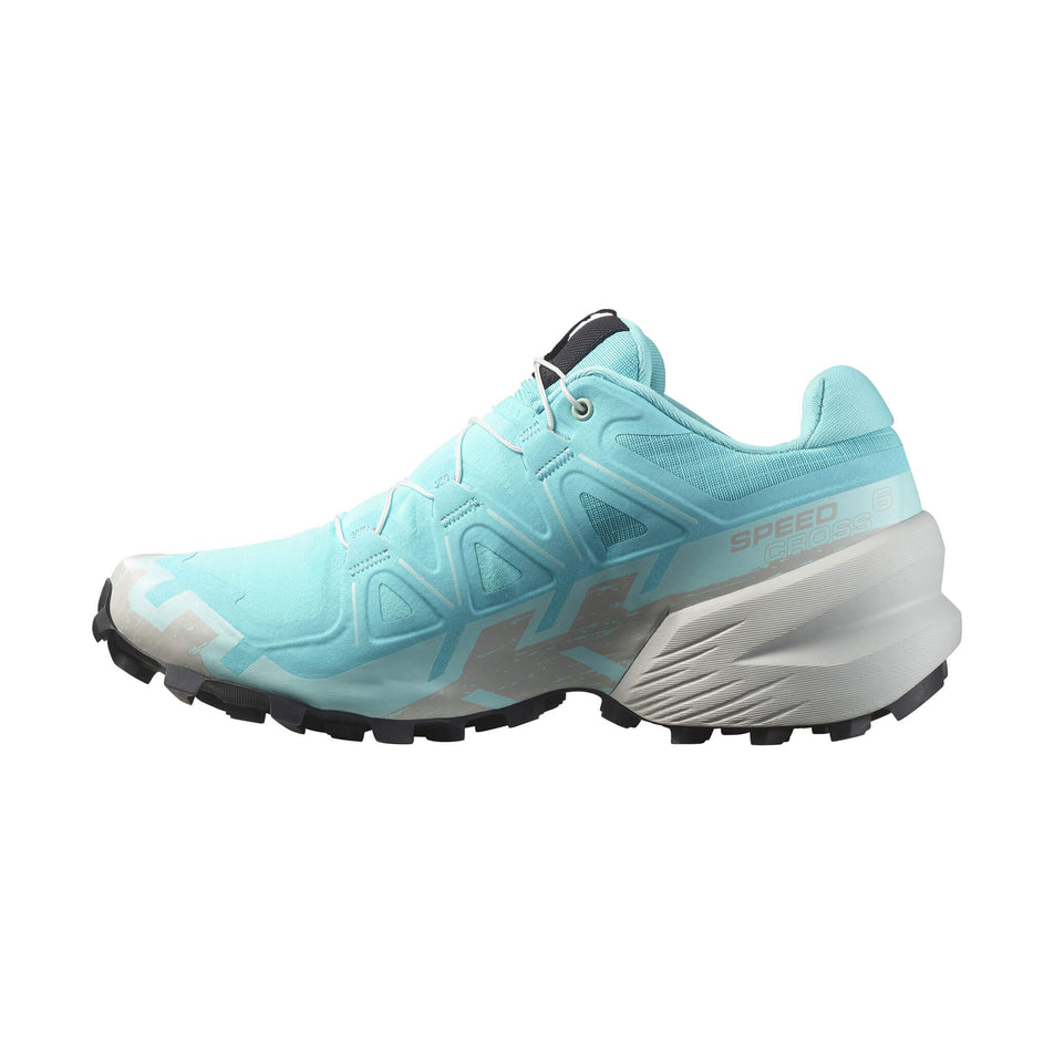 Medial side of the right shoe from a pair of Salomon Women's Speedcross 6 Running Shoes in the Blue Curacao/Lunar Rock/Iced Aqua colourway. (8576015925410)