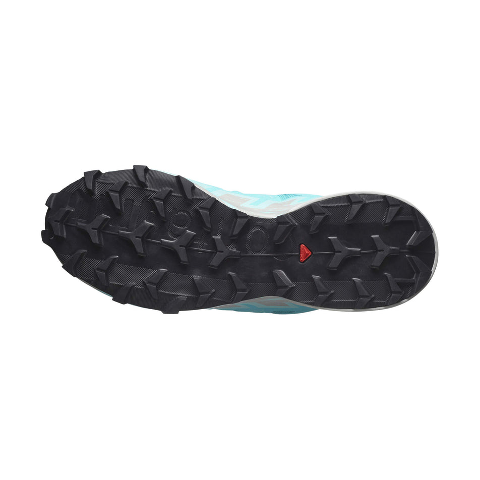 Outsole of the right shoe from a pair of Salomon Women's Speedcross 6 Running Shoes in the Blue Curacao/Lunar Rock/Iced Aqua colourway. (8576015925410)
