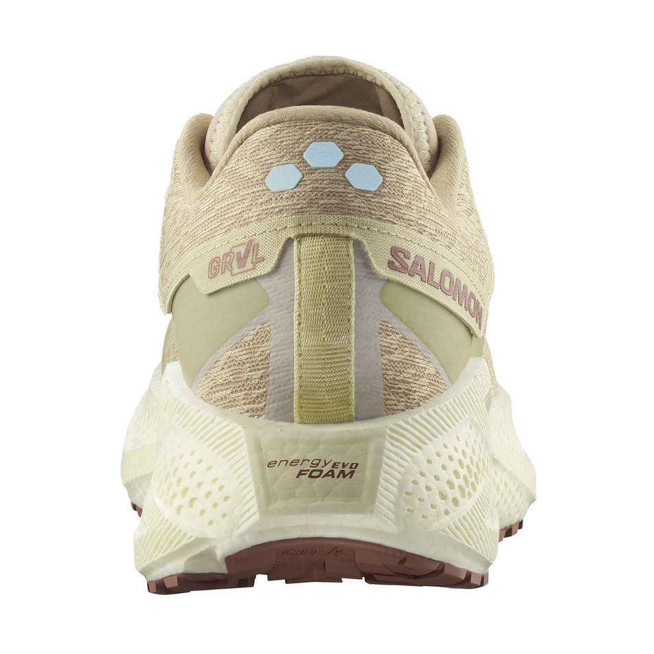 The back of the right shoe from a pair of Salomon Men's Aero Glide 3 GRVL Running Shoes in the Green Haze/Vanilla Ice/Russet colourway. (8783469805730)