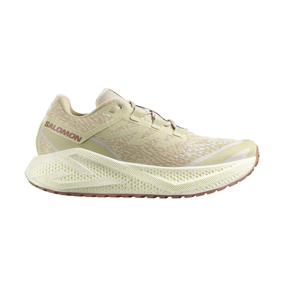 Lateral view of the right shoe from a pair of Salomon Men's Aero Glide 3 GRVL Running Shoes in the Green Haze/Vanilla Ice/Russet colourway. (8783469805730)