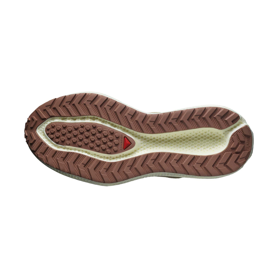 The outsole of the left shoe from a pair of Salomon Men's Aero Glide 3 GRVL Running Shoes in the Green Haze/Vanilla Ice/Russet colourway. (8783469805730)