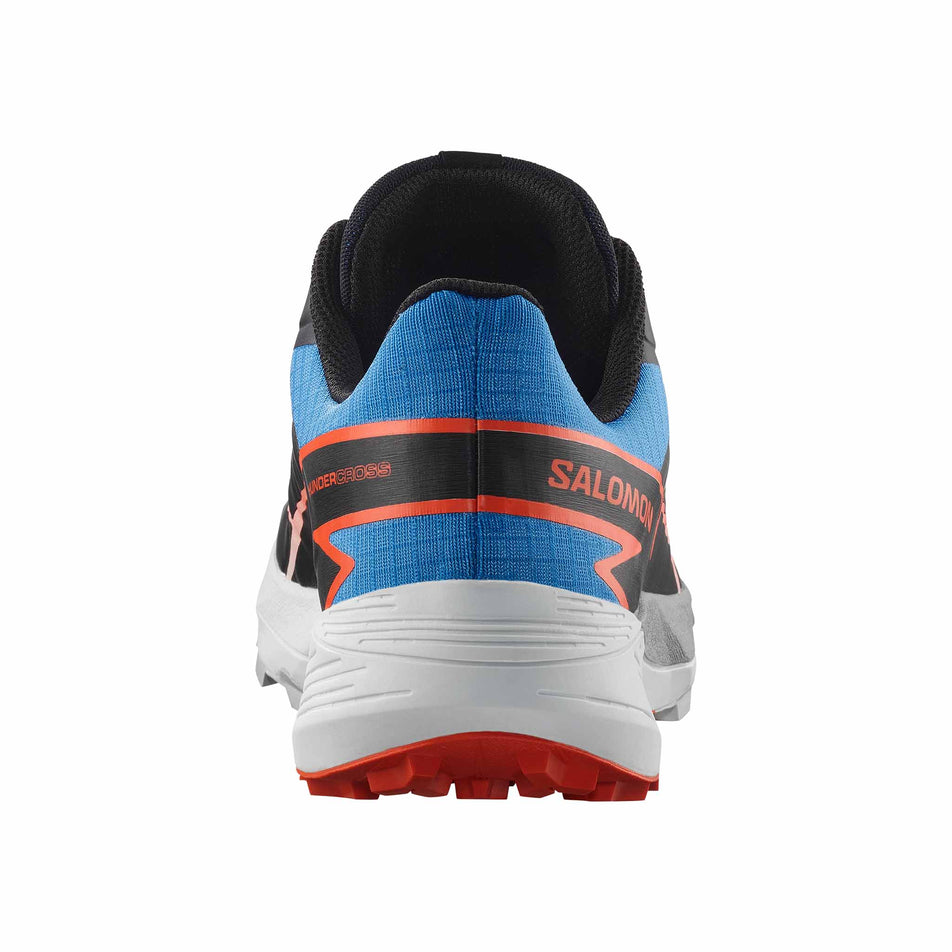 Back of the right shoe from a pair of Salomon Men's Thundercross Running Shoes in the French Blue/Black/Cherry Tomato colourway. (8560936288418)