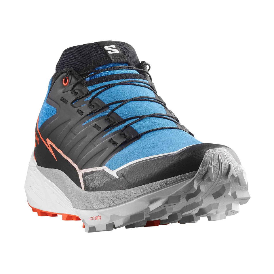 Angled view of the right shoe from a pair of Salomon Men's Thundercross Running Shoes in the French Blue/Black/Cherry Tomato colourway. (8560936288418)
