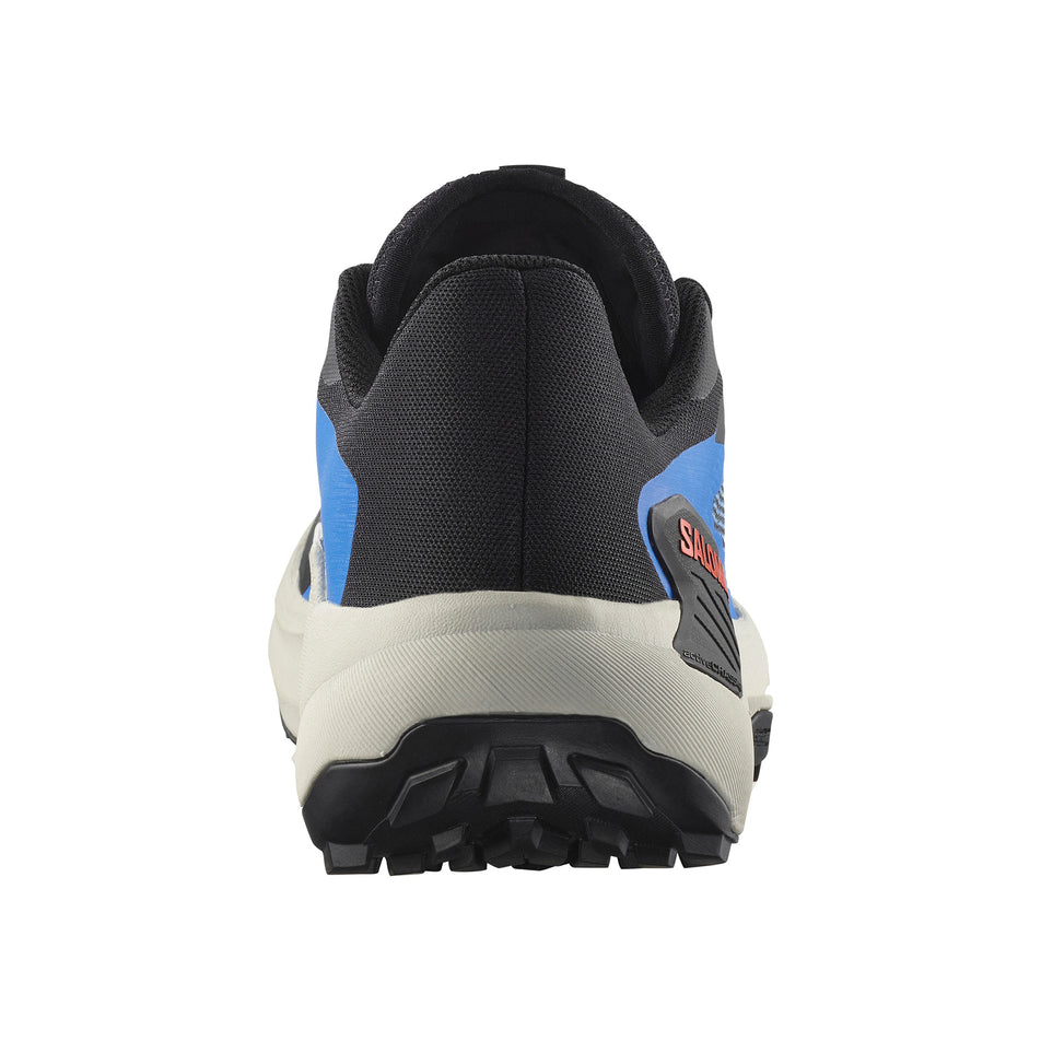 Back of the right shoe from a pair of Salomon Men's Genesis Running Shoes the Black/French Blue/Cherry Tomato colourway. (8560934125730)