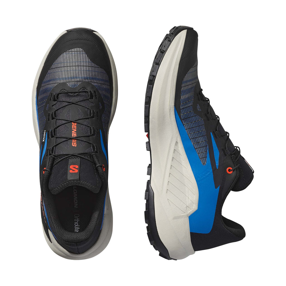 A pair of Salomon Men's Genesis Running Shoes the Black/French Blue/Cherry Tomato colourway. (8560934125730)