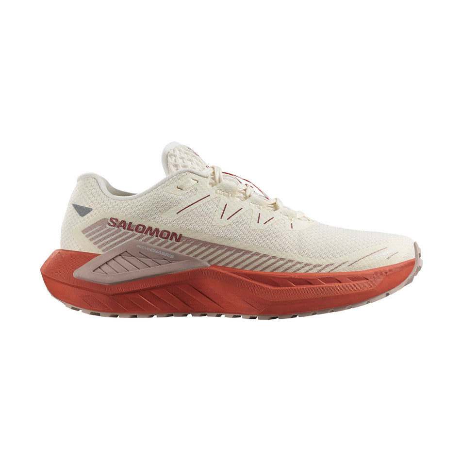 Lateral view of the right shoe from a pair of Salomon Women's DRX Defy GRVL Running Shoes in the Vanilla Ice/Burnt Ochre/Etherea colourway. (8721050861730)