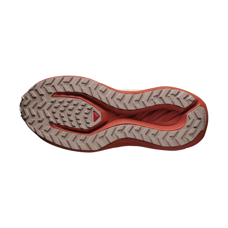 The outsole of the right shoe from a pair of Salomon Women's DRX Defy GRVL Running Shoes in the Vanilla Ice/Burnt Ochre/Etherea colourway. (8721050861730)