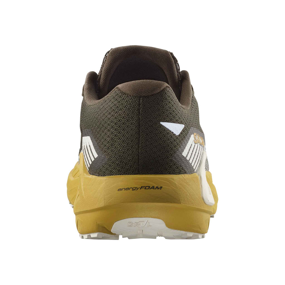 The back of the right shoe from a pair of Salomon Men's DRX Defy Gravel Running Shoes in the Wren/Spicy Mustard/Vanilla Ice colourway. (8561639817378)