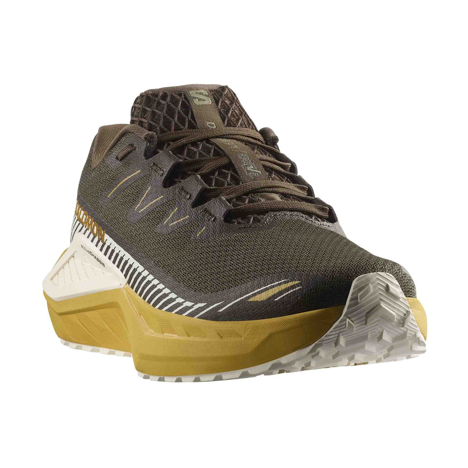 Lateral side of the right shoe from a pair of Salomon Men's DRX Defy Gravel Running Shoes in the Wren/Spicy Mustard/Vanilla Ice colourway. (8561639817378)