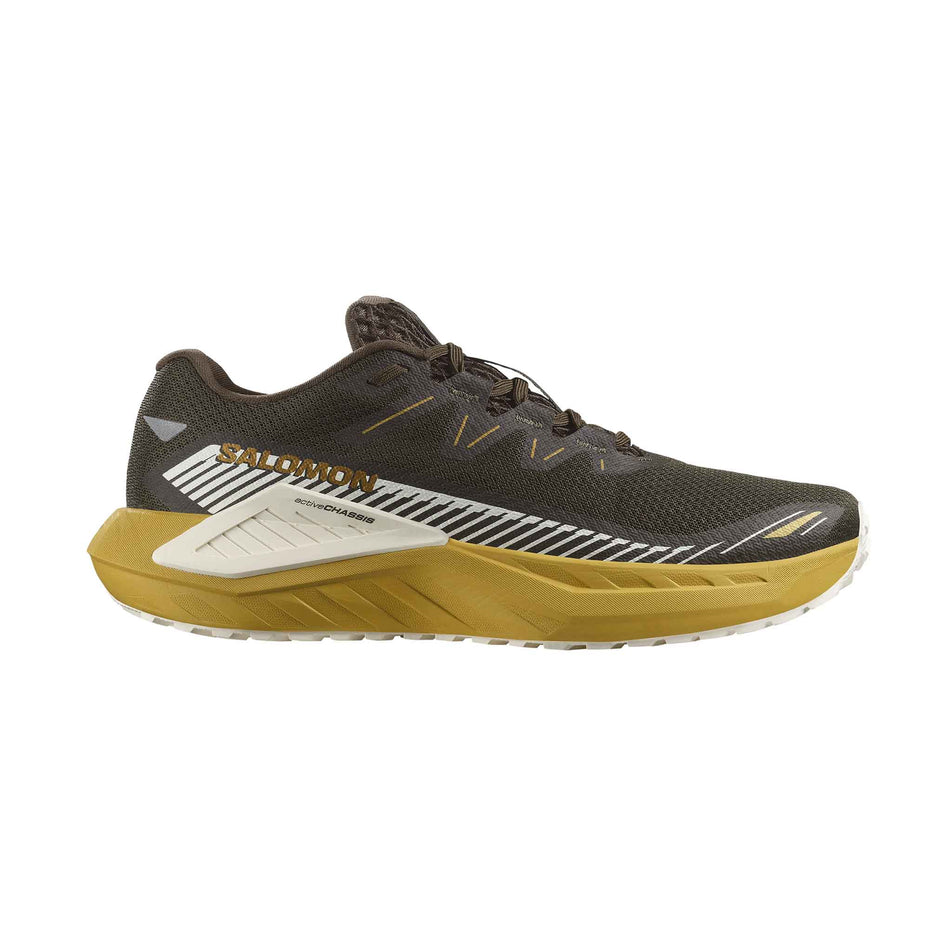 Lateral side of the right shoe from a pair of Salomon Men's DRX Defy Gravel Running Shoes in the Wren/Spicy Mustard/Vanilla Ice colourway. (8561639817378)