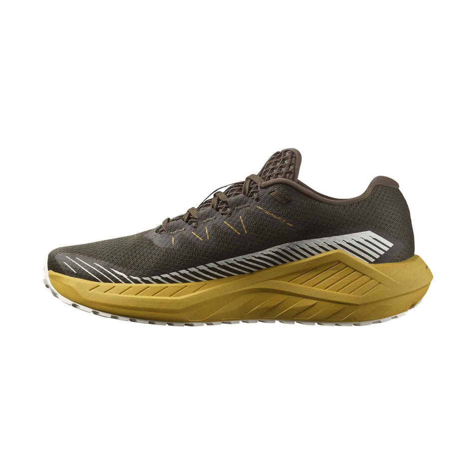 Medial side of the right shoe from a pair of Salomon Men's DRX Defy Gravel Running Shoes in the Wren/Spicy Mustard/Vanilla Ice colourway. (8561639817378)