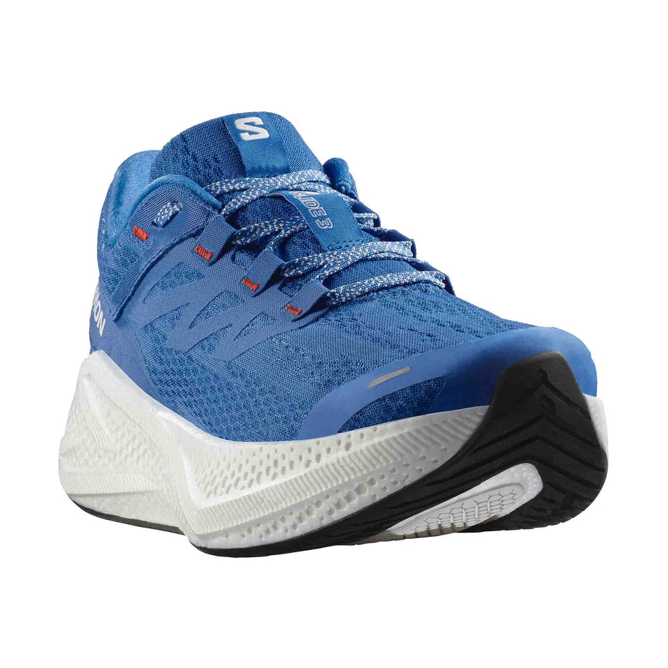 The lateral side of right shoe from a pair of Salomon Men's Aero Glide 3 Running Shoes in the French Blue/White/Cherry Tomato colourway. (8576008257698)