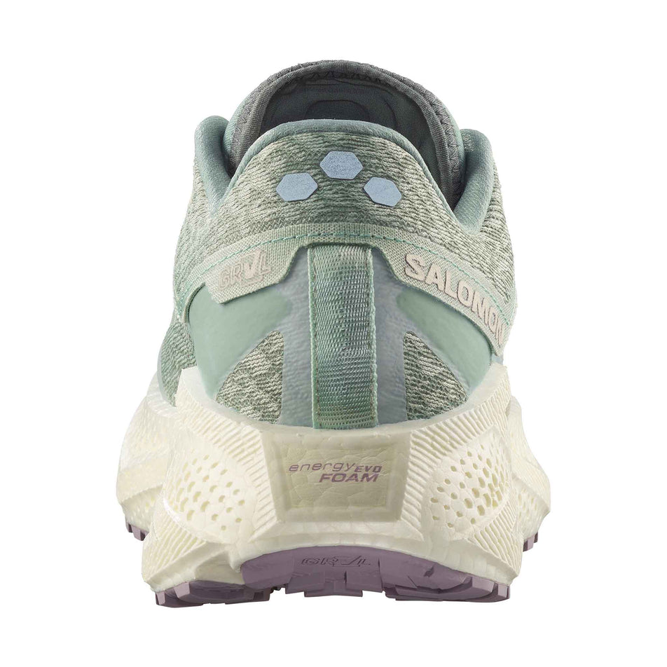 The back of the right shoe from a pair of Salomon Women's Aero Glide 3 GRVL Running Shoes in the Sea Foam/Vanilla Ice/Nirvana colourway. (8783556608162)
