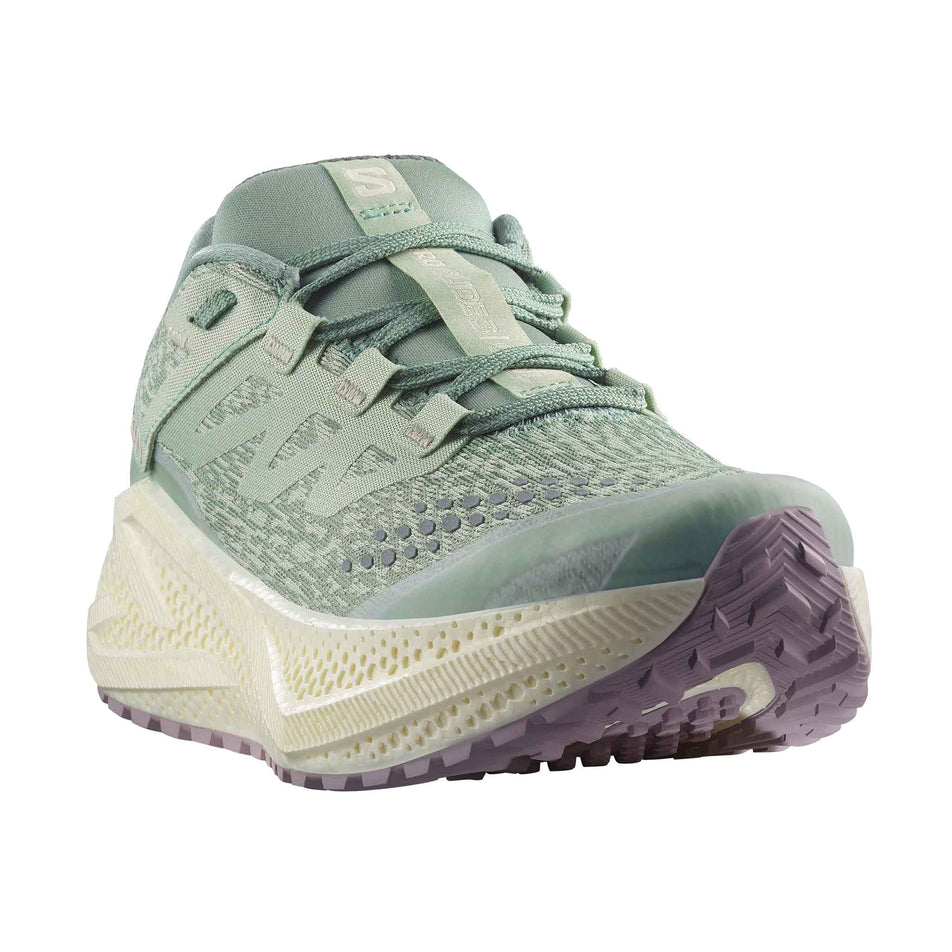 Front view of the right shoe from a pair of Salomon Women's Aero Glide 3 GRVL Running Shoes in the Sea Foam/Vanilla Ice/Nirvana colourway. (8644619731106)