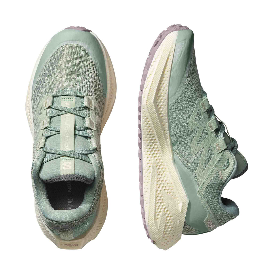 A pair of Salomon Women's Aero Glide 3 GRVL Running Shoes in the Sea Foam/Vanilla Ice/Nirvana colourway. (8644619731106)