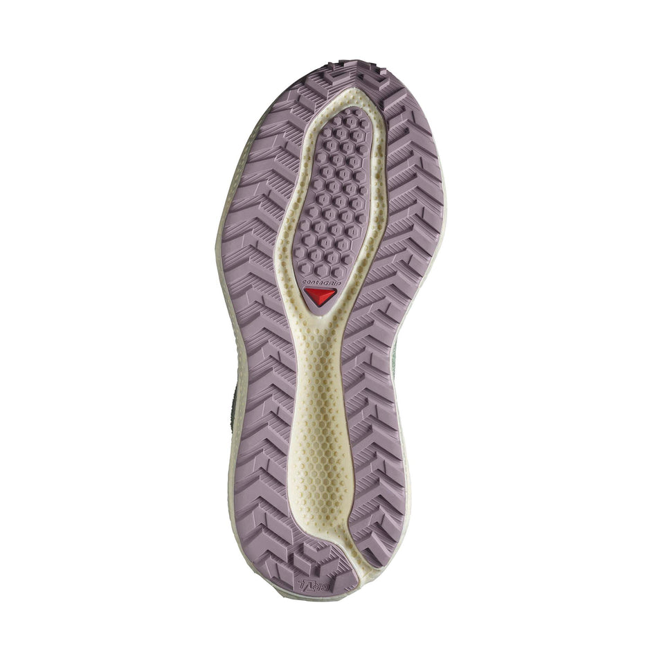 Outsole of the left shoe from a pair of Salomon Women's Aero Glide 3 GRVL Running Shoes in the Sea Foam/Vanilla Ice/Nirvana colourway. (8644619731106)