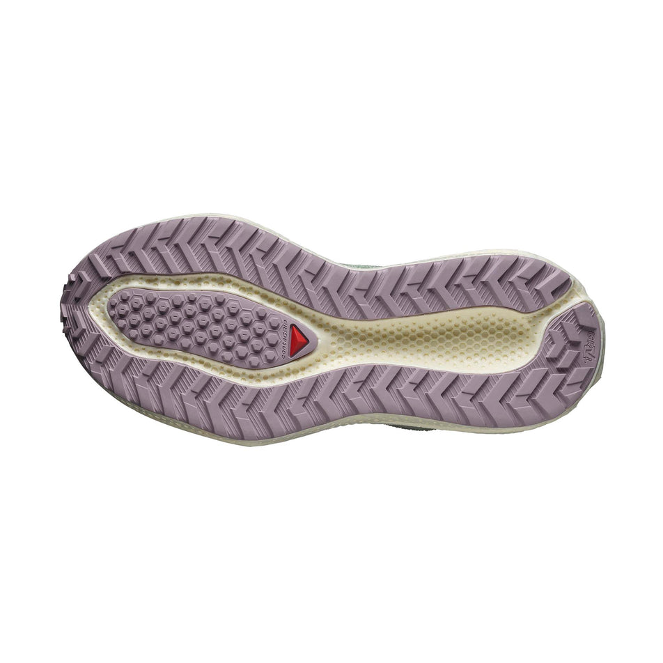 The outsole of the left shoe from a pair of Salomon Women's Aero Glide 3 GRVL Running Shoes in the Sea Foam/Vanilla Ice/Nirvana colourway. (8783556608162)