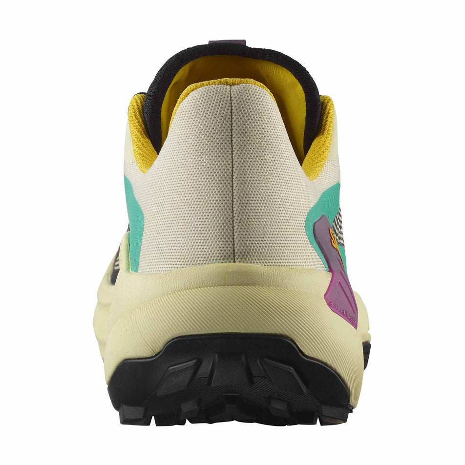 Back view of the right shoe from a pair of Salomon Men's Genesis Running Shoes in the Transparent Yellow/Black/Willowherb colourway. (8783441887394)