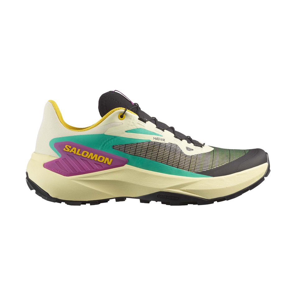 Lateral view of the right shoe from a pair of Salomon Men's Genesis Running Shoes in the Transparent Yellow/Black/Willowherb colourway. (8783441887394)