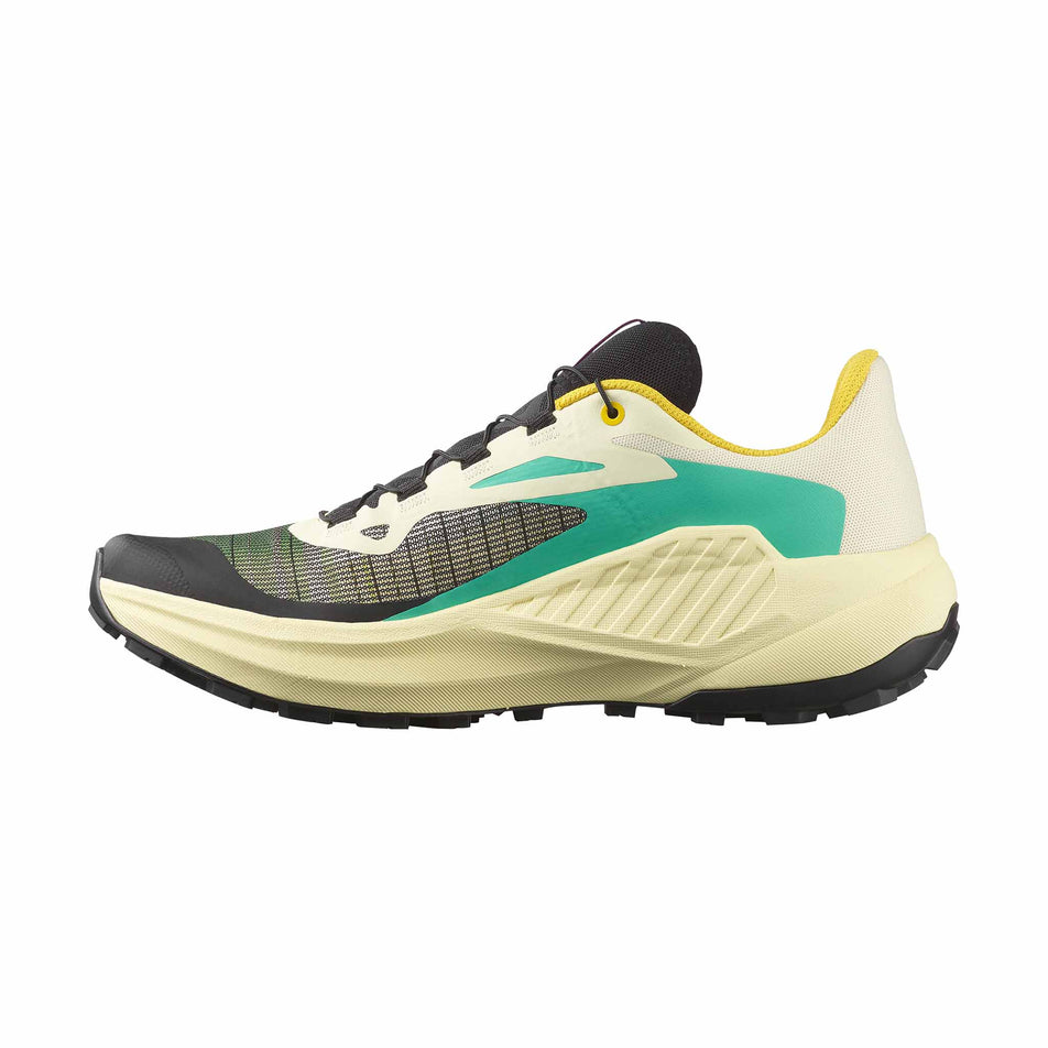 Medial view of the right shoe from a pair of Salomon Men's Genesis Running Shoes in the Transparent Yellow/Black/Willowherb colourway. (8783441887394)