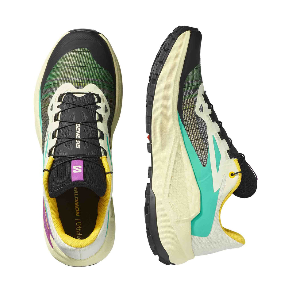 A pair of Salomon Men's Genesis Running Shoes in the Transparent Yellow/Black/Willowherb colourway. (8783441887394)