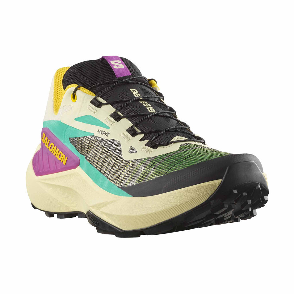 The right shoe from a pair of Salomon Men's Genesis Running Shoes in the Transparent Yellow/Black/Willowherb colourway. (8783441887394)