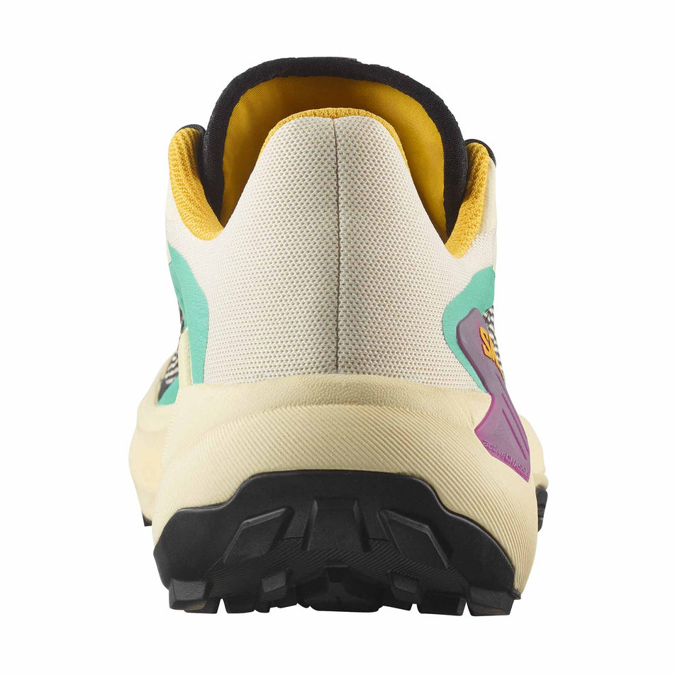 The back of the right shoe from a pair of Salomon Women's Genesis Running Shoes in the Transparent Yellow/Black/Willowherb colourway. (8783547826338)