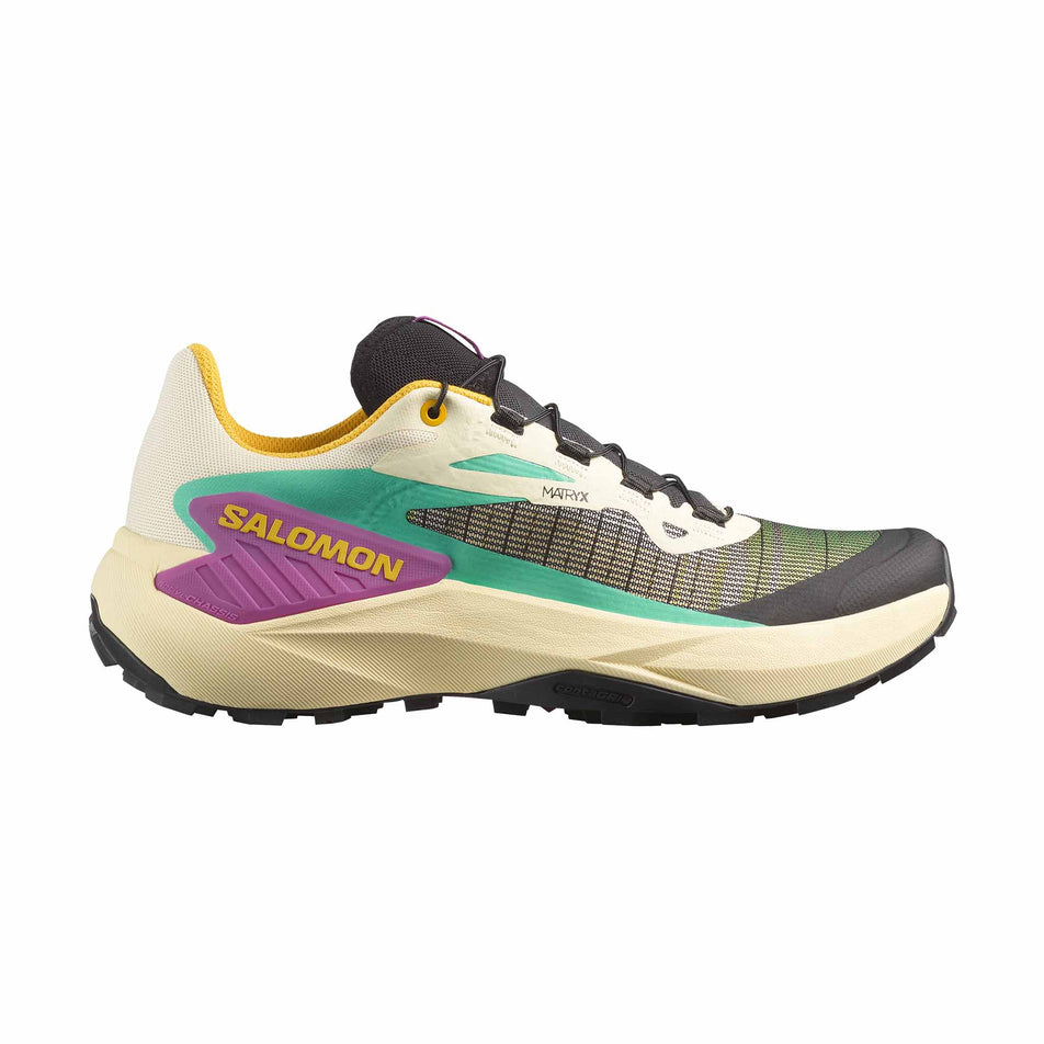 Lateral view of the right shoe from a pair of Salomon Women's Genesis Running Shoes in the Transparent Yellow/Black/Willowherb colourway. (8783547826338)