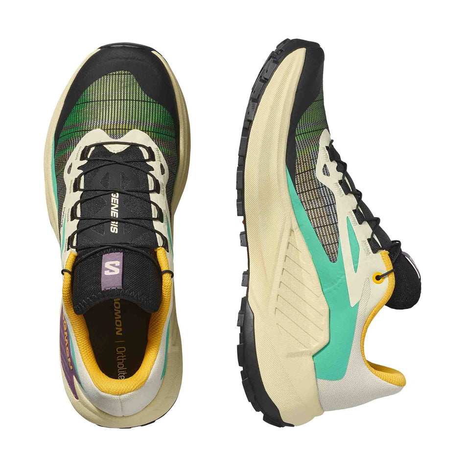 A pair of Salomon Women's Genesis Running Shoes in the Transparent Yellow/Black/Willowherb colourway. (8783547826338)