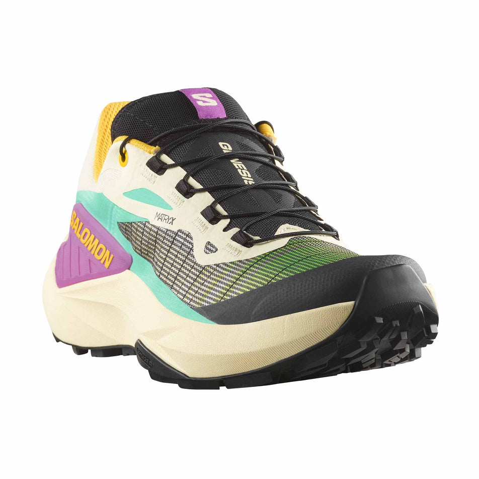 The right shoe from a pair of Salomon Women's Genesis Running Shoes in the Transparent Yellow/Black/Willowherb colourway. (8783547826338)