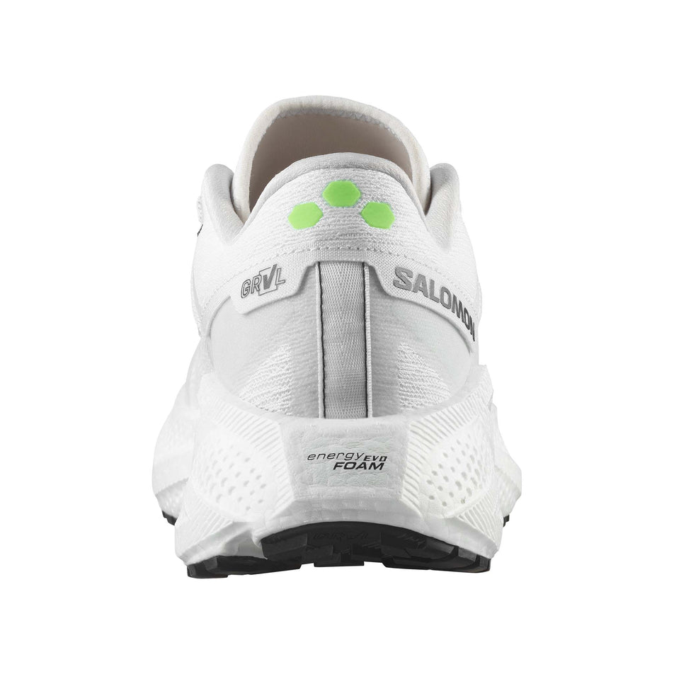The back of the right shoe from a pair of Salomon Women's Aero Glide 3 GRVL Running Shoes in the White/Ftw Silver/Green Gecko colourway. (8721067999394)