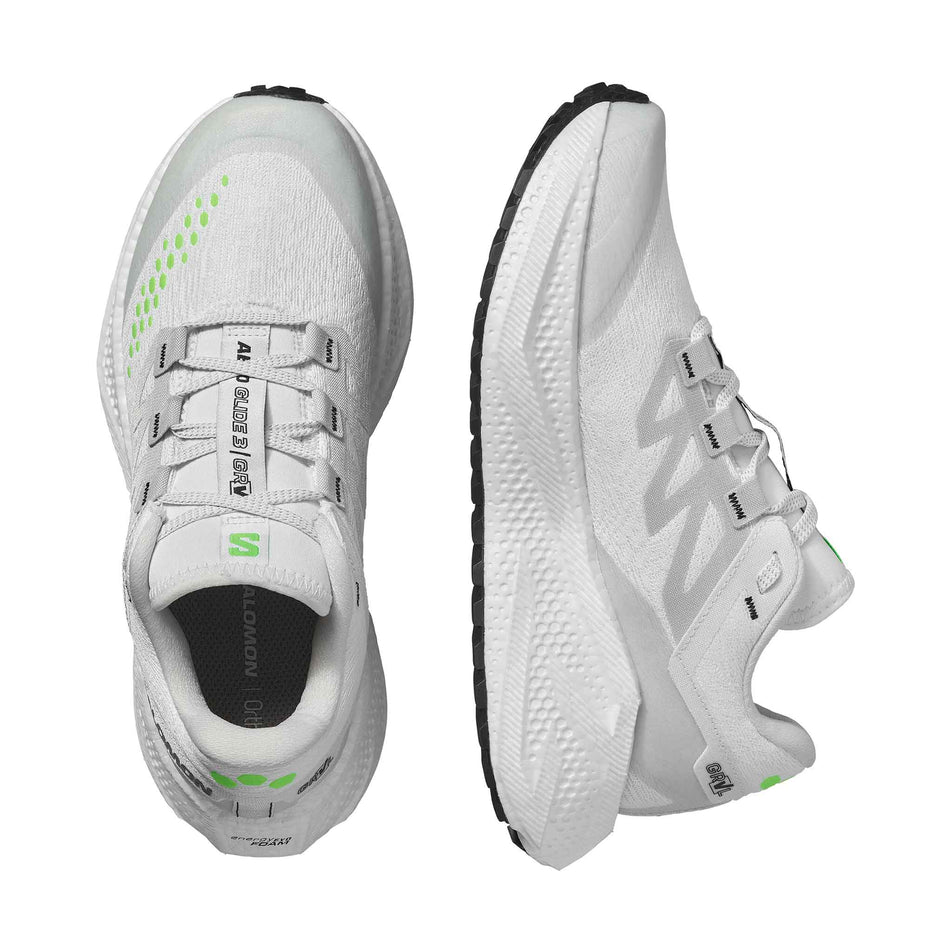 A pair of Salomon Women's Aero Glide 3 GRVL Running Shoes in the White/Ftw Silver/Green Gecko colourway. (8721067999394)