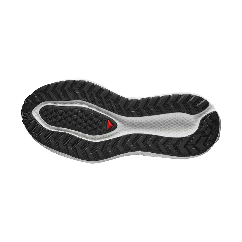 The outsole of the right shoe from a pair of Salomon Women's Aero Glide 3 GRVL Running Shoes in the White/Ftw Silver/Green Gecko colourway. (8721067999394)