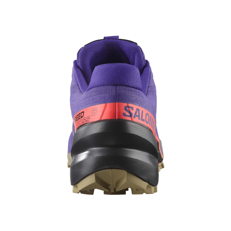 The back of the right shoe from a pair of Salomon Women's Speedcross 6 Running Shoes in the Liberty/Black/Neon Flame colourway. (8721041555618)