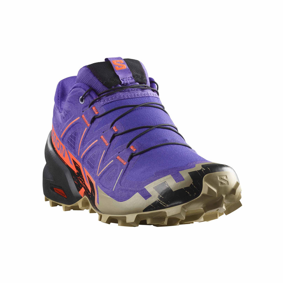 Lateral view of the right shoe from a pair of Salomon Women's Speedcross 6 Running Shoes in the Liberty/Black/Neon Flame colourway. (8721041555618)